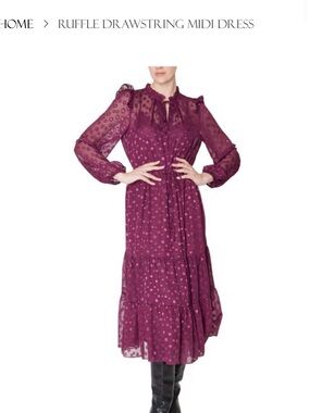 julia jordan Plum Polka-Dot Ruffle Tie-Neck Midi Dress